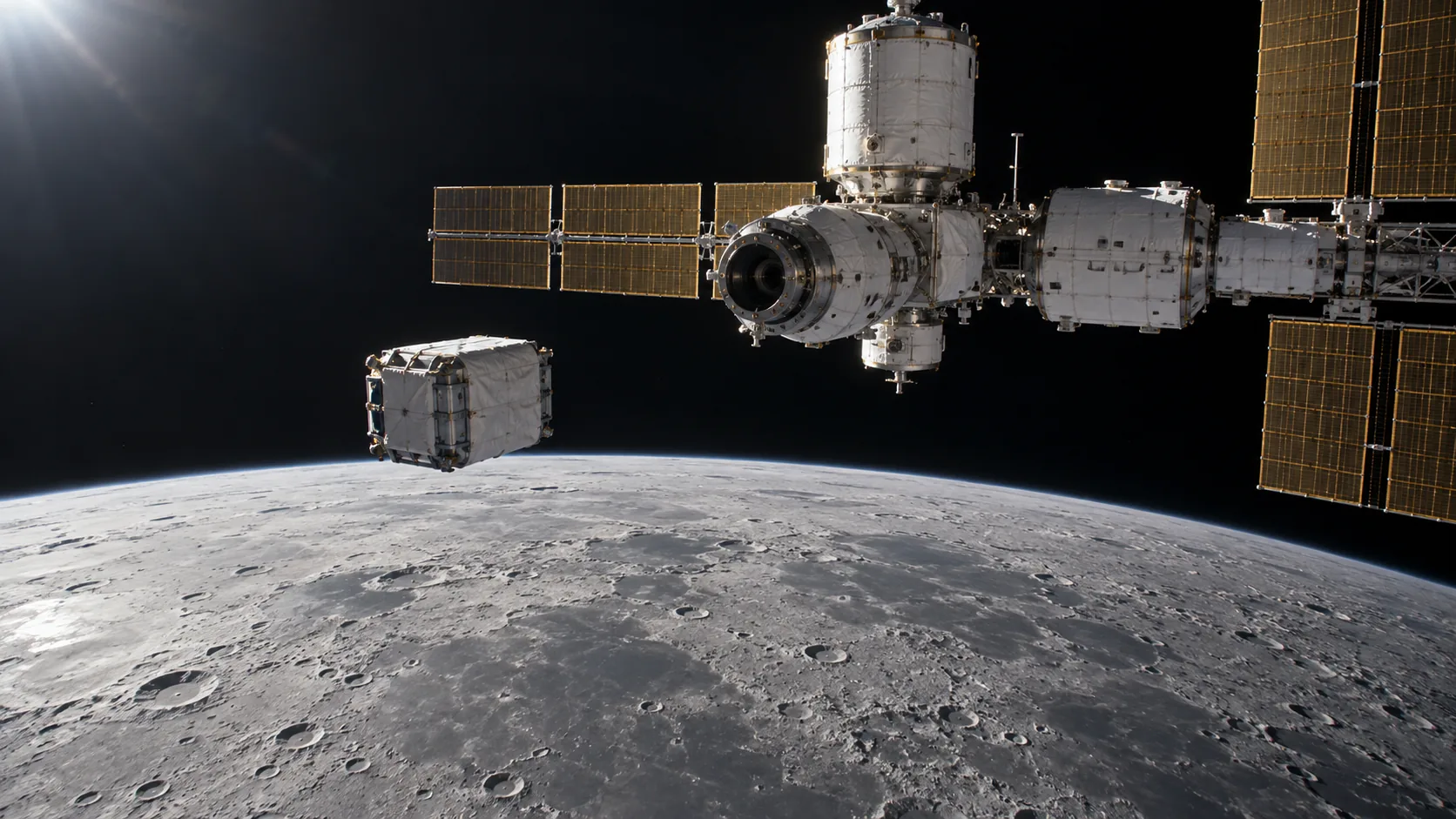 A lunar orbital service point and an approaching cargo vessel